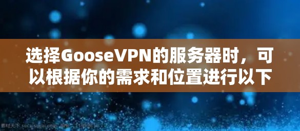 选择GooseVPN的服务器时,可以根据你的需求和位置进行以下几点考虑 选择GooseVPN的服务器时,可以根据你的需求和位置进行以下几点考虑